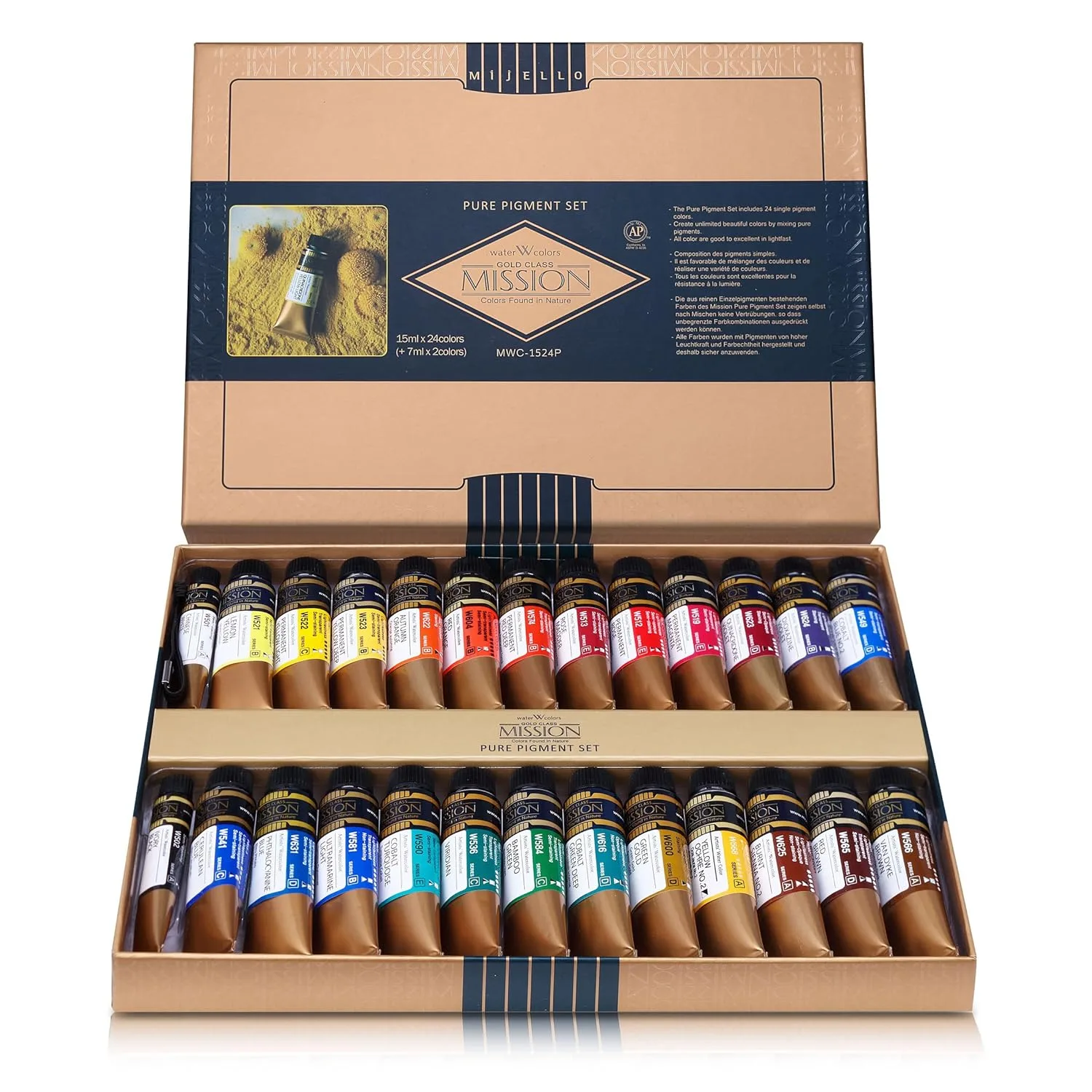 Mission Gold Class Pure Pigment Watercolor MWC-1524P, 15ml x 24 Colors