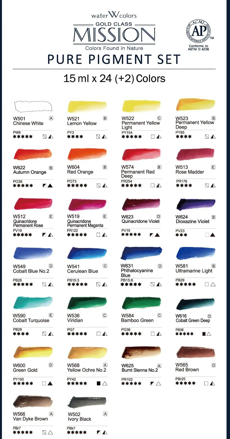Mission Gold Class Pure Pigment Watercolor MWC-1524P, 15ml x 24 Colors 4